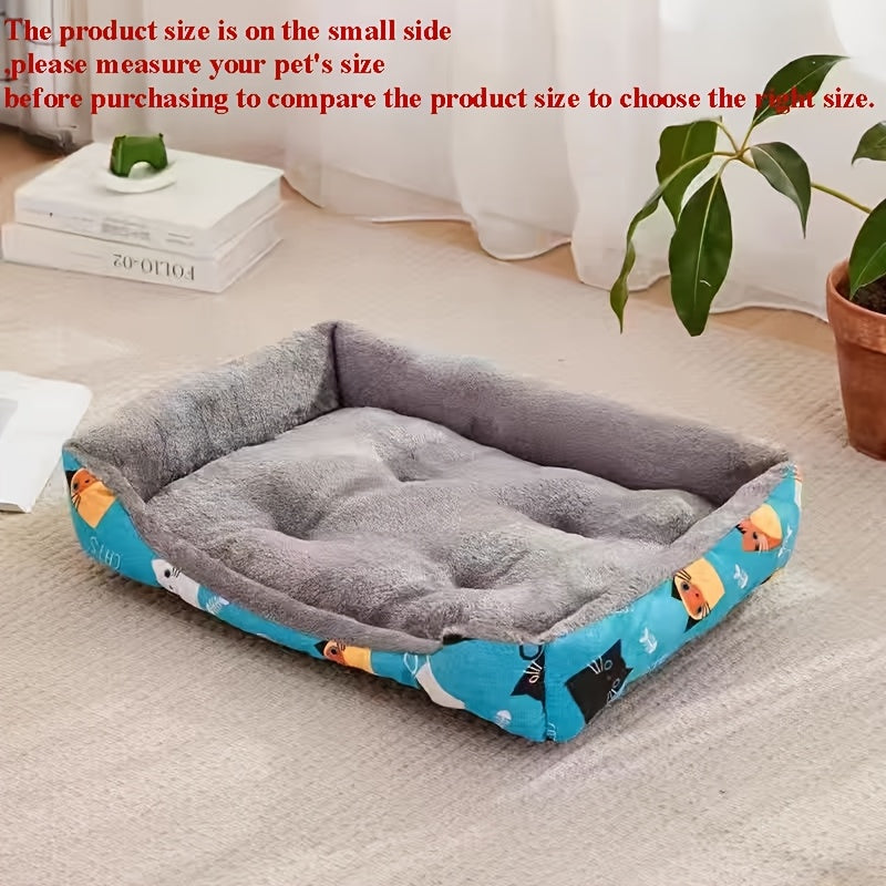 Rectangle Pet Bed for Small Dogs Blue Cartoon Design Soft Polyester Fiber Fill