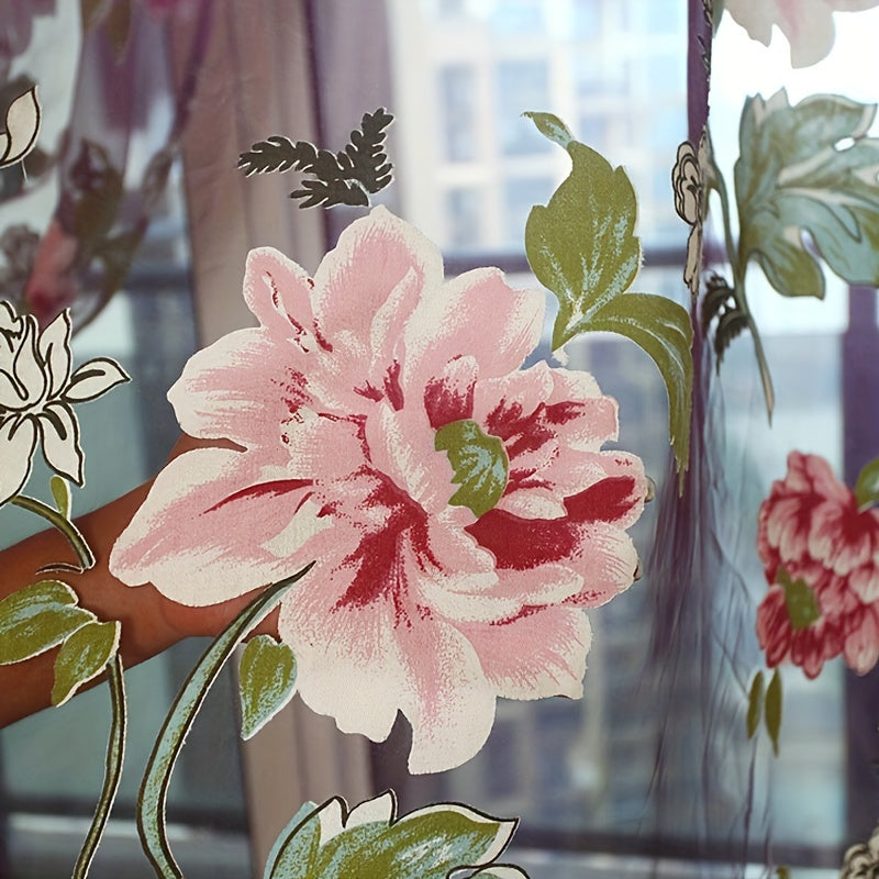 Floral Tulle Sheer Curtain Panel with Rod Pocket Purple Yellow Flowers Living Room Decor