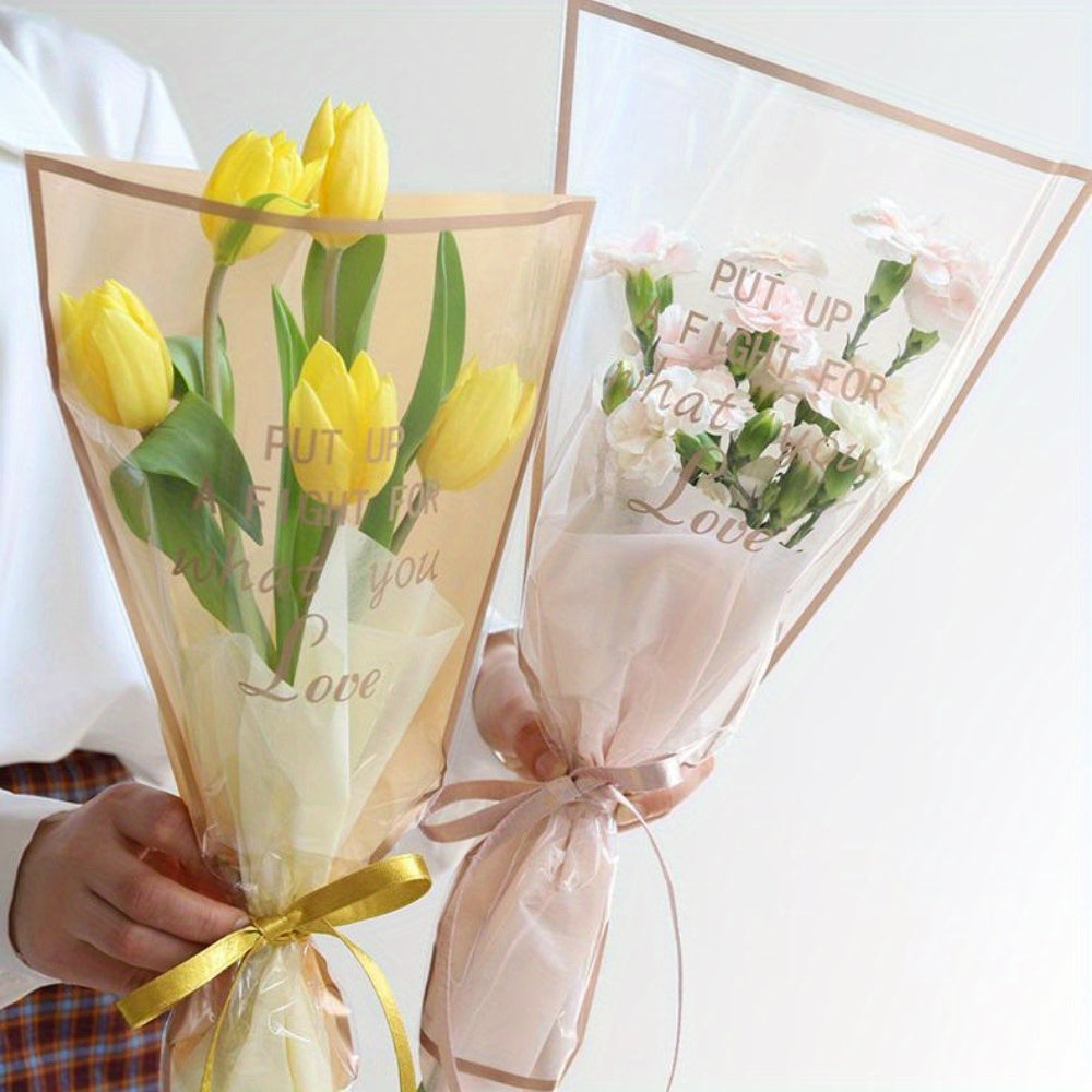 50 Pcs Clear Floral Bouquet Wrapping Bags with Motivational Quote for Valentine's Day and Flower Shop Packaging