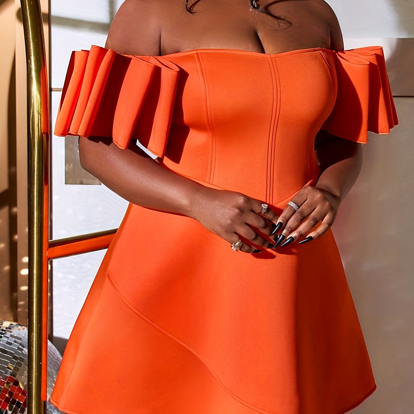 Women Orange Off-Shoulder Party Dress Ruched Mini Evening Gown