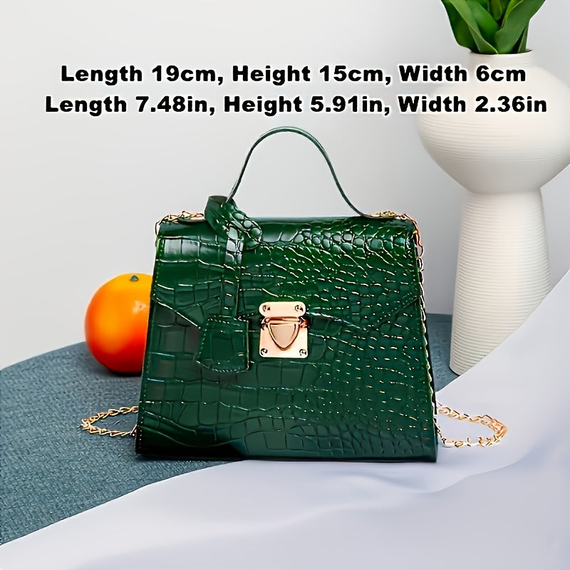 Women's Crocodile-Embossed Satchel Bag with Detachable Chain Strap and Twist Lock Closure in Black White Green Light Brown