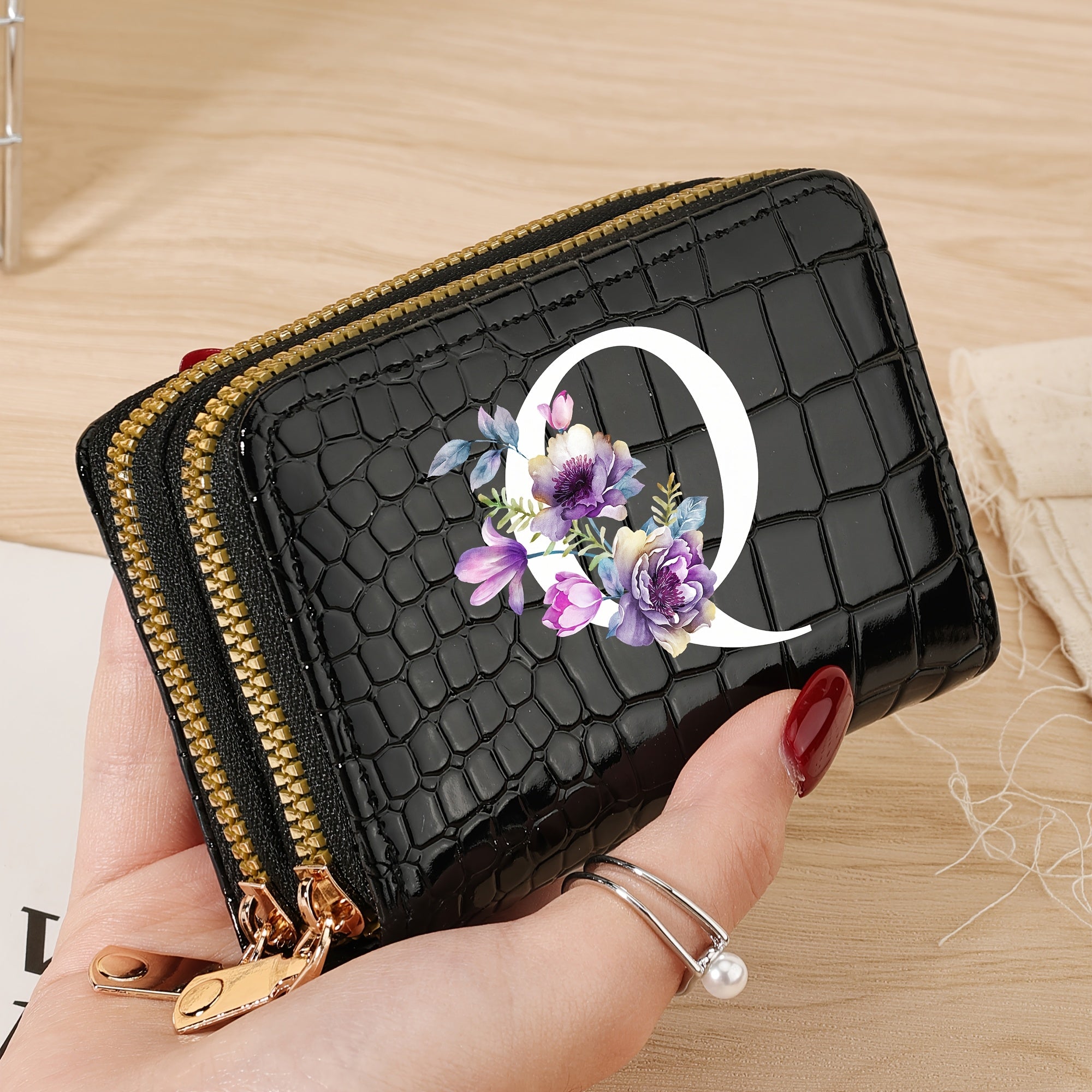 Minimalist Floral Credit Card Holder with Zipper Coin Purse for School and Back-to-School Supplies