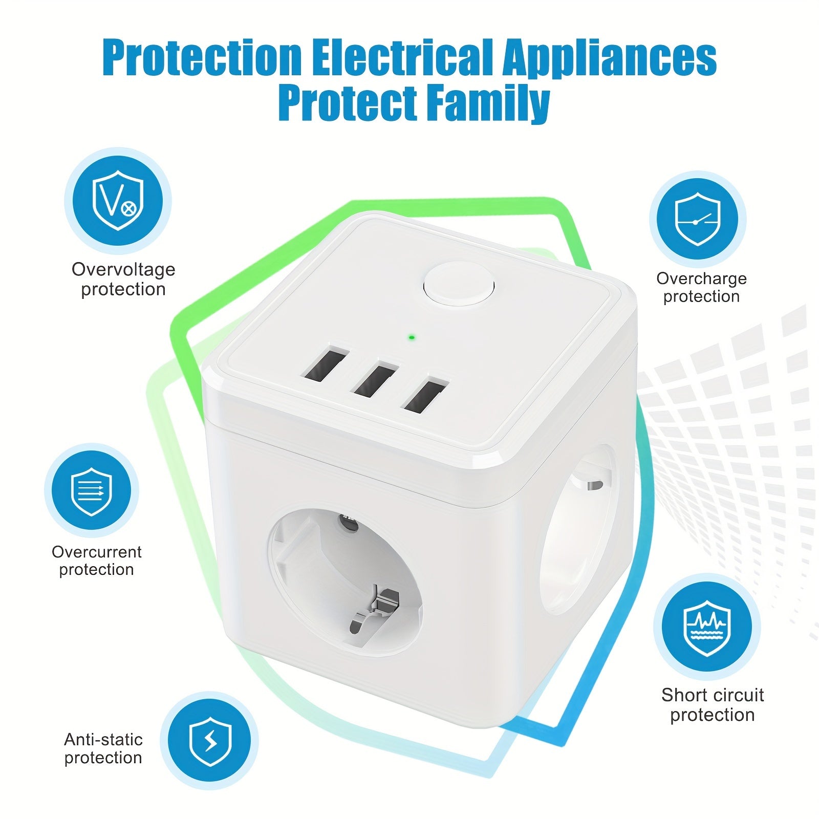 6-in-1 Power Strip Cube Outlet with 3 USB Ports Surge Protection 2500W for Home Office Travel