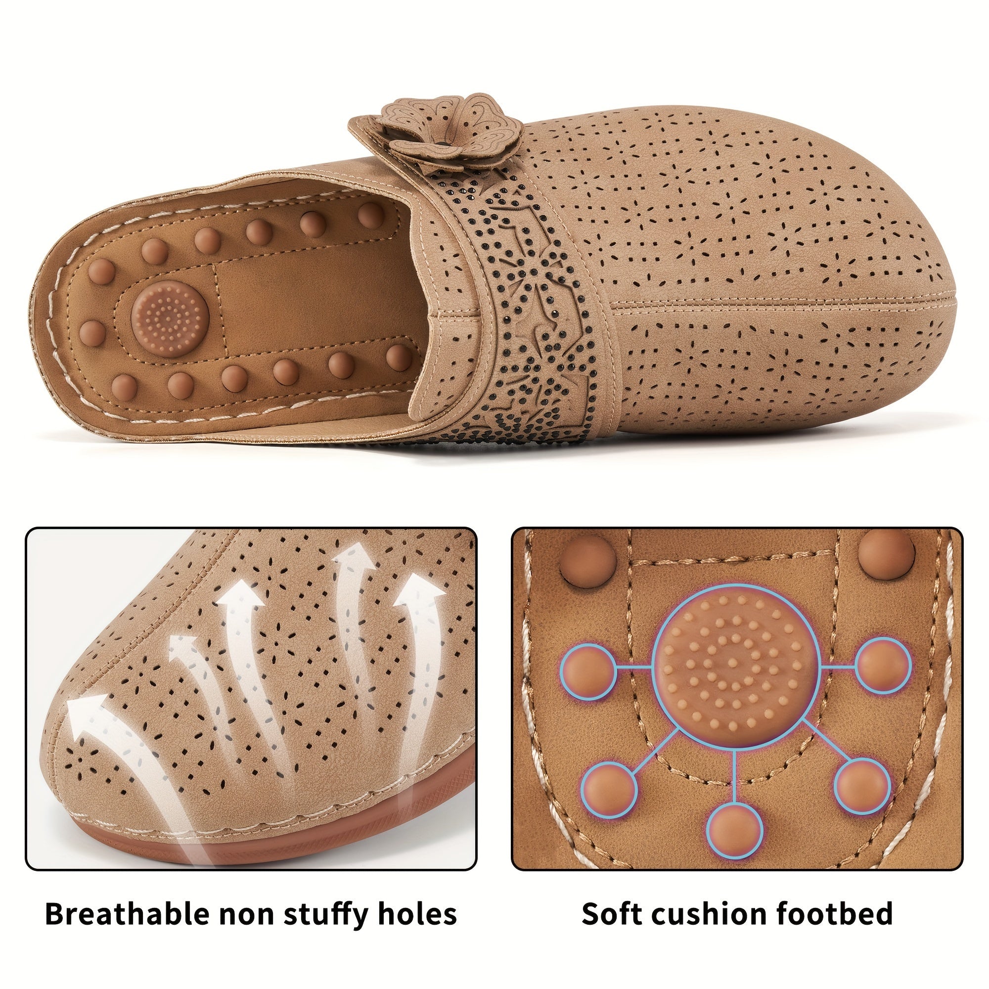 Women's Breathable Faux Leather Slip-On Mules with Floral Bow Beige Casual Shoes