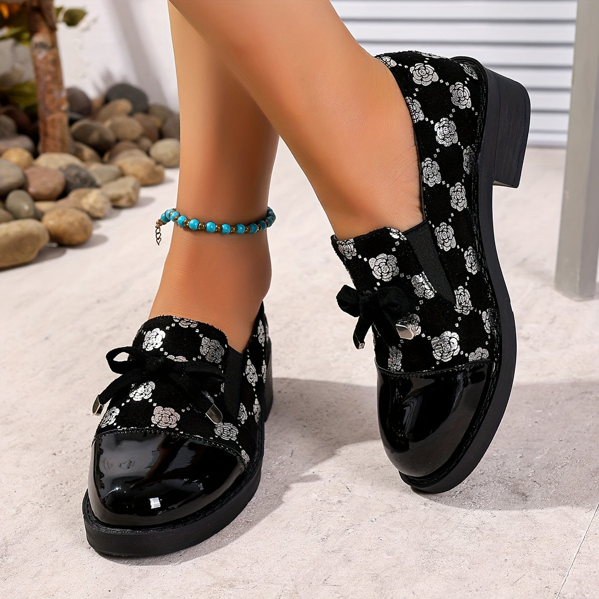 Women's Black Patterned Loafers with Bow and Sequins, Comfortable Low Heel