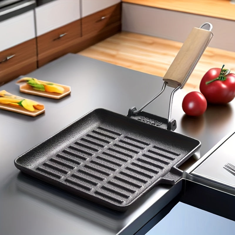 Cast Iron Grill Pan 9.45 Inch Square Non-Stick with Folding Handle for Steak Grilling