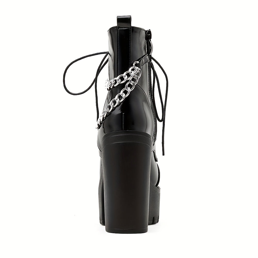 Women Black Gothic Ankle Boots High Heels Lace-Up Chain Decor