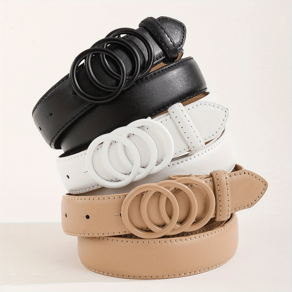 Stylish PU Leather Belt Set of 3 Black White Khaki Multi-Hole Casual Formal