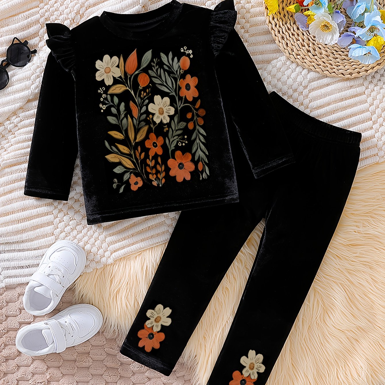 Conjunto de blusa y pantalones con estampado floral para niñas para ropa casual de primavera y verano