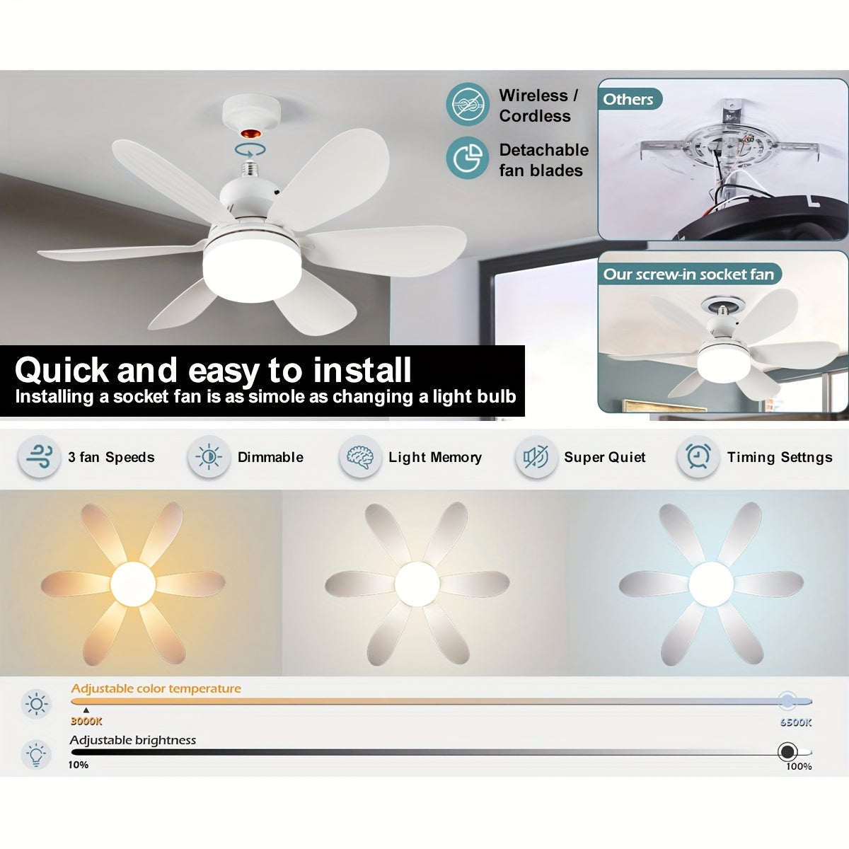 Smart Ceiling Fan with Dimmable LED Lights E26/E27 Socket for Home Use