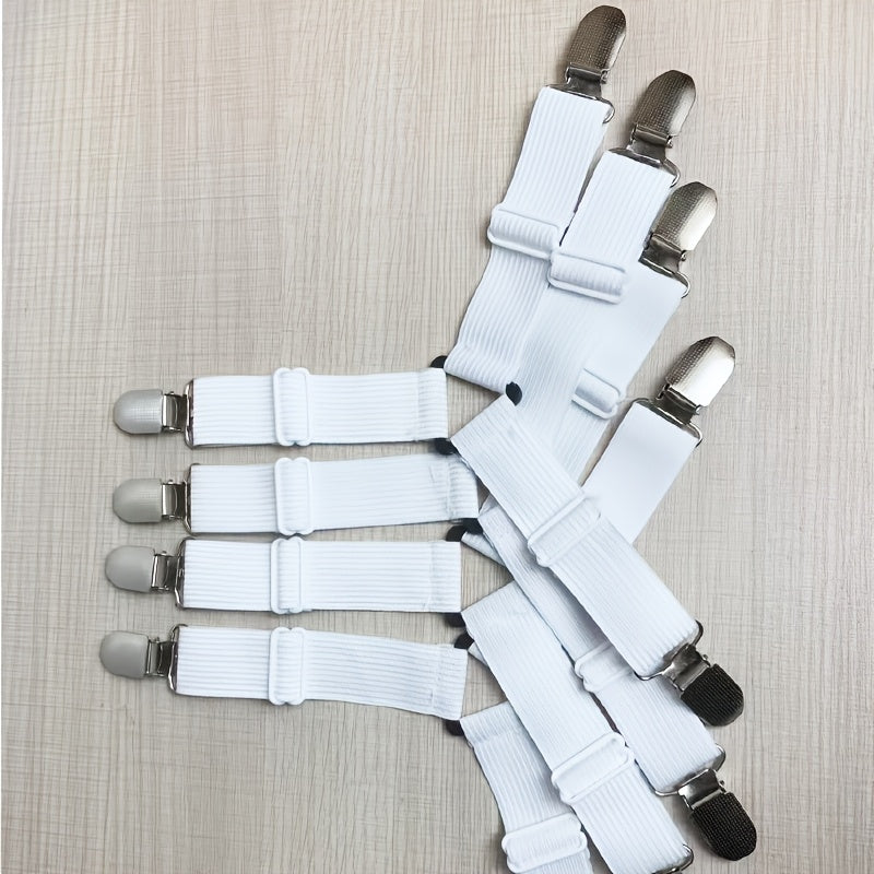 4-Piece Sheet Fastener Set with Adjustable Elastic Straps and Metal Clips for Mattress Bedding