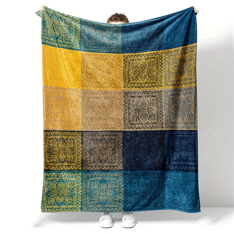 Bohemian Flannel Throw Blanket with Mixed Colors and Knitted Design