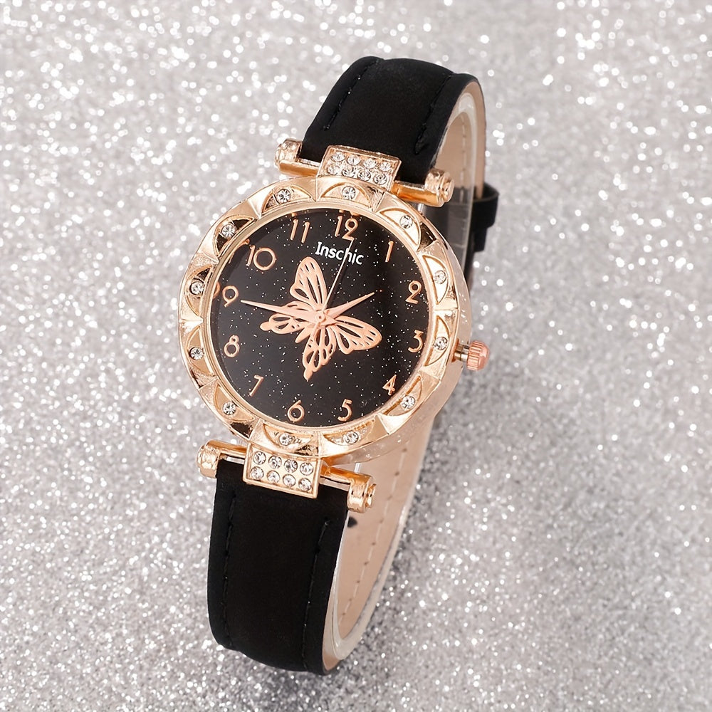Set of 6 Women's Butterfly Quartz Watches and Jewelry with Rhinestones and Faux Leather Straps