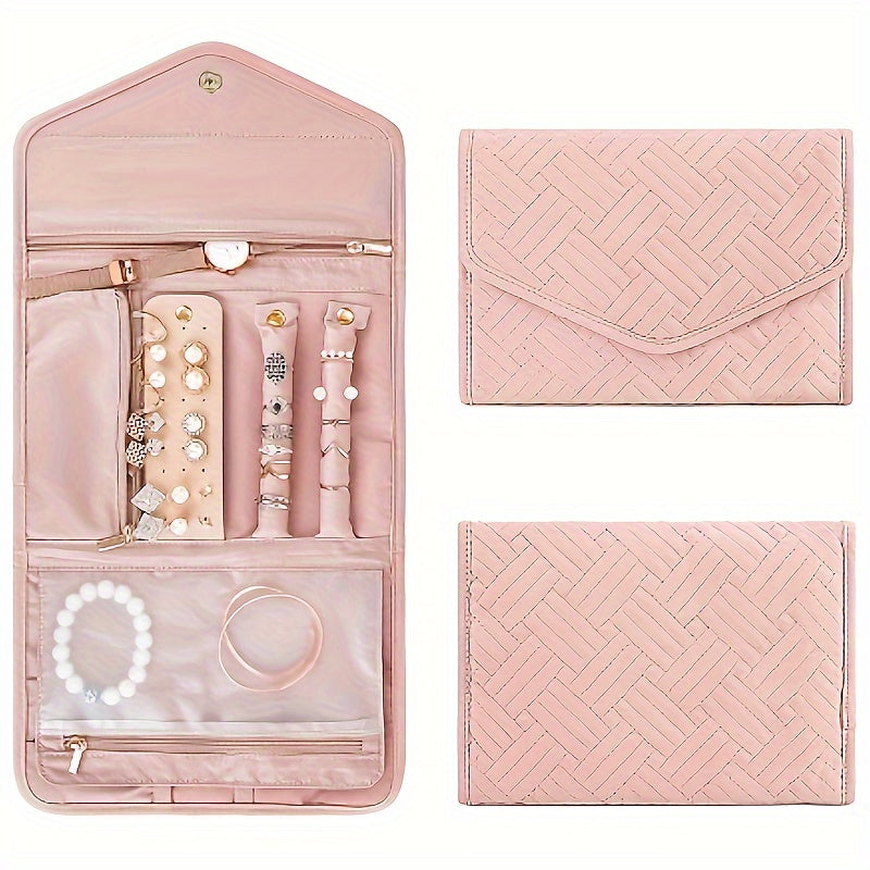 Polyester Jewelry Organizer Bag with Necklace Clips Earring Grid Ring Rolls and Zipper Pouches