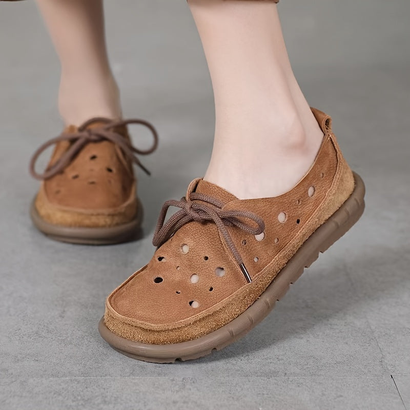Women's Leather Loafers with Perforated Design and Rubber Sole Brown Summer Casual Shoes