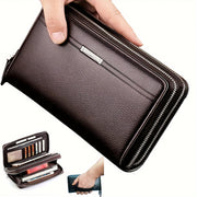 Men's Faux Leather Long Wallet with Zipper, Business Clutch Bag for Mobile Phone and Essentials