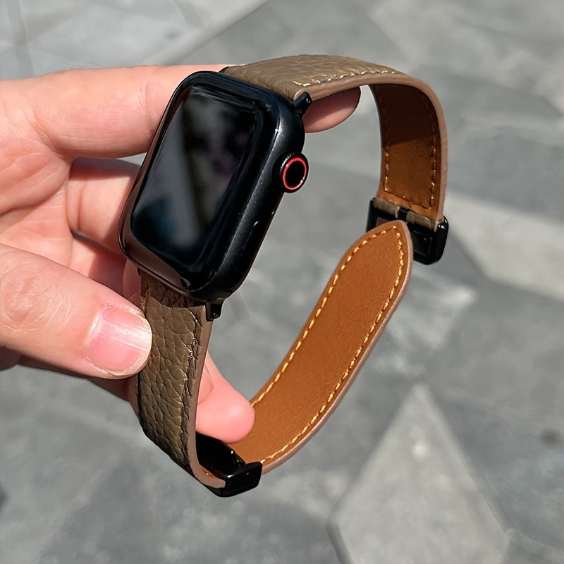 Litchi Pattern Patent Leather Apple Watch Strap Water-Resistant with Magnetic Buckle Beige Dark Brown