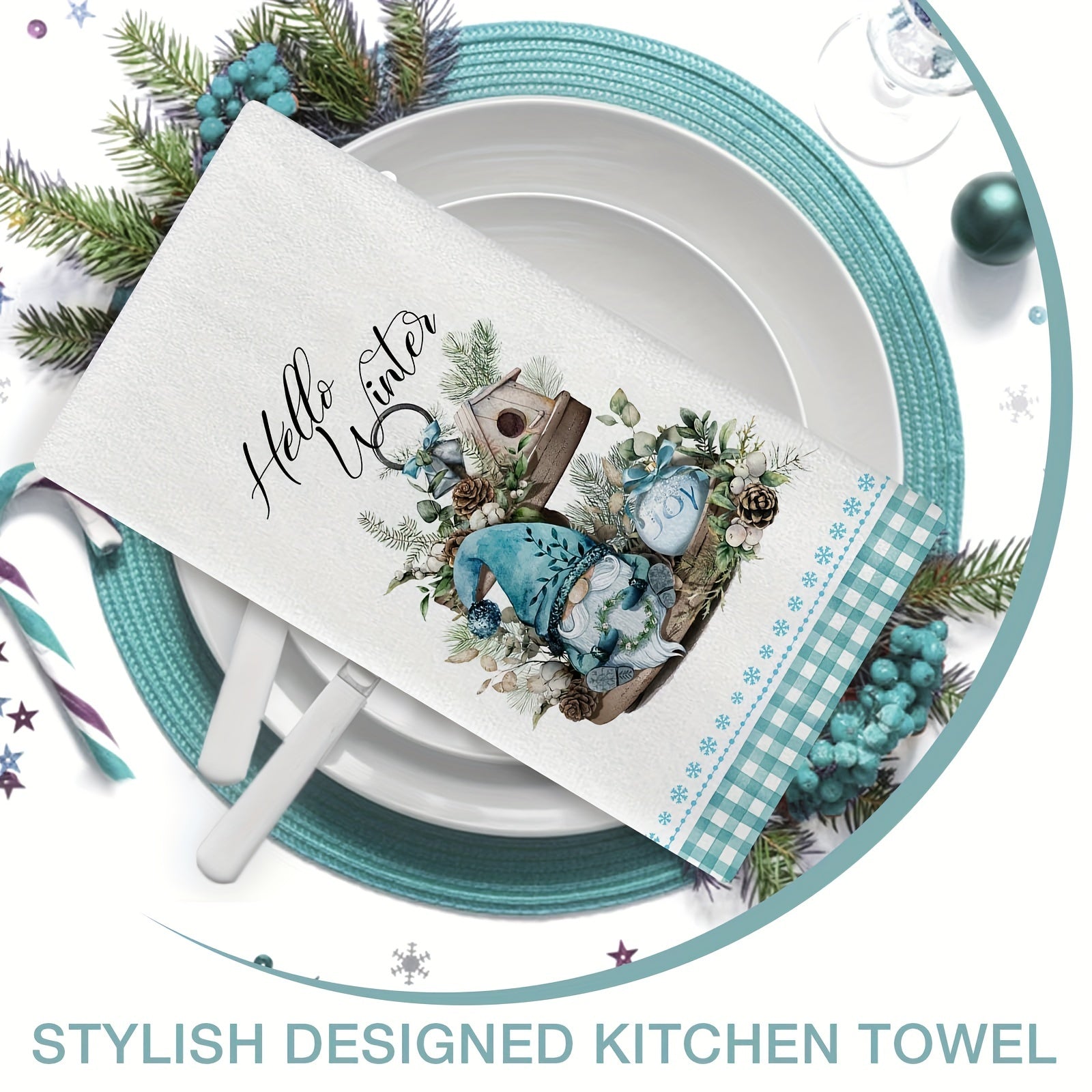 2 dona Rojdestvo barmoq sochiqlari, polyester gnome va issiq kakao dizayni, singdiruvchi to'qilgan mato, mashinada yuvish mumkin, to'rtburchak shakli, 250gsm, 40.64x60.96 sm.