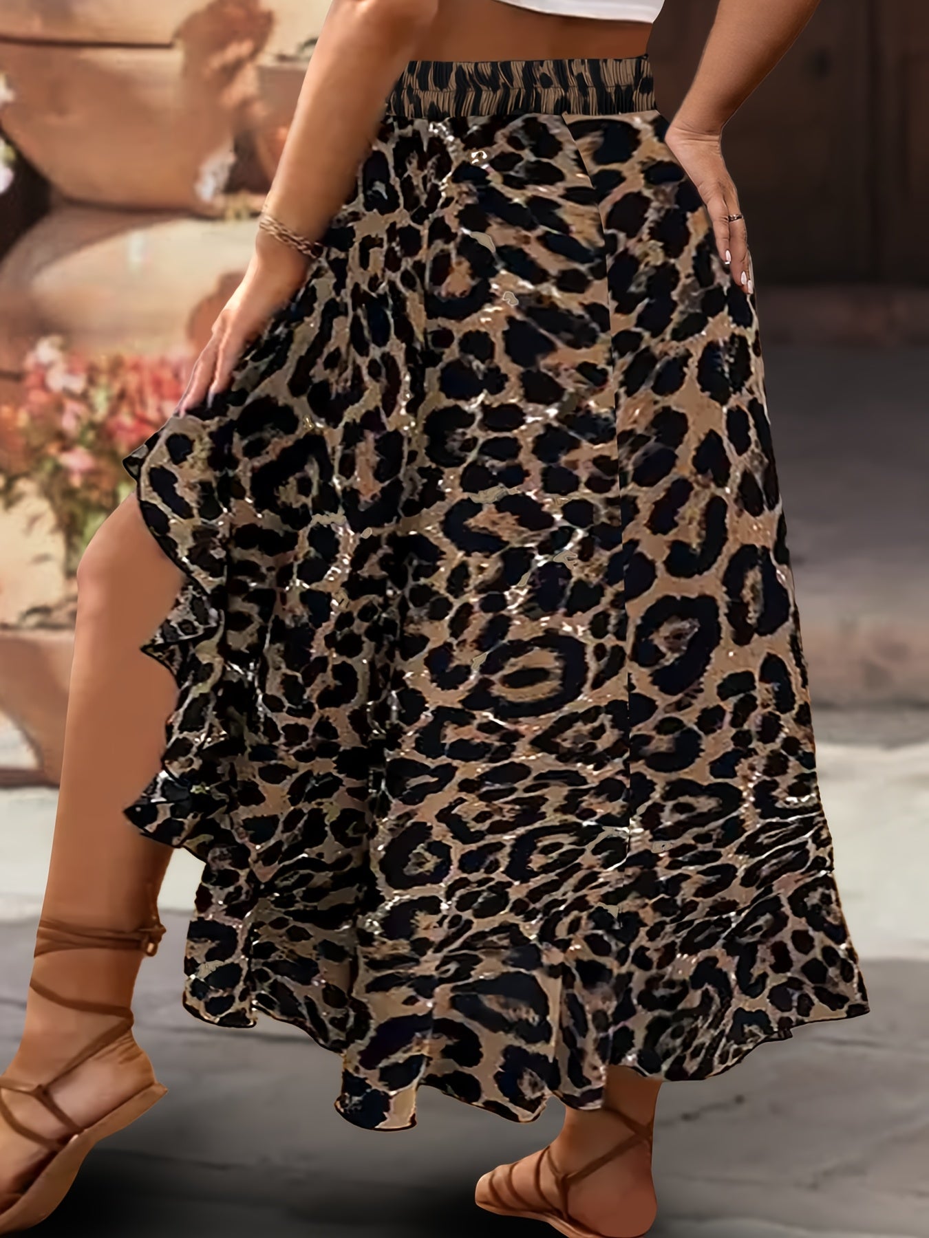 Women Leopard Print Maxi Skirt with Ruffled Hem, Stretchy Waist, Flowy