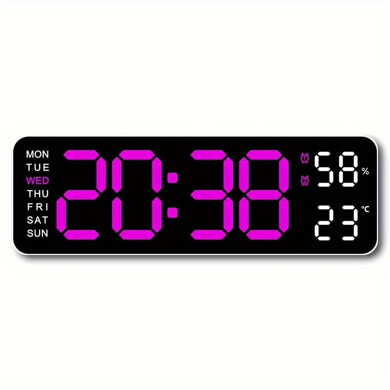 Large Digital Wall Clock with Dual Alarm Temperature Humidity Date Display