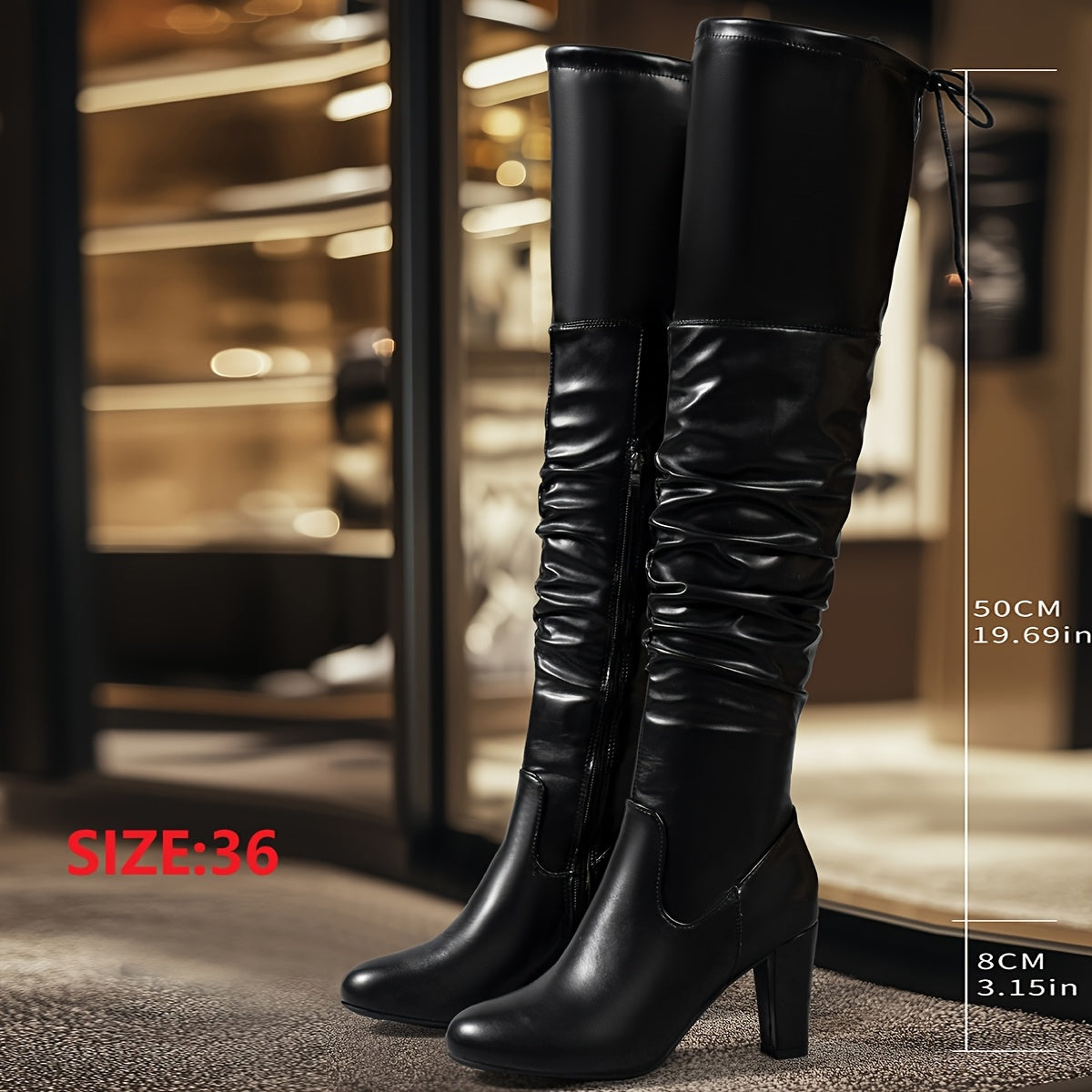 Ayollar uchun o'rtacha yuqori qadamli botlar, bir rangli, bodom barmoqli, blok poyabzal