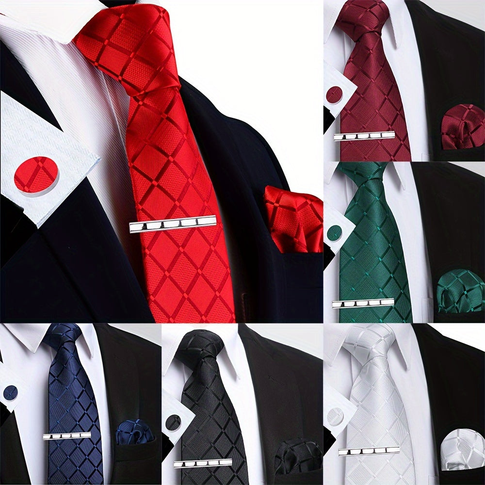 Men's Plaid Tie Set with Square Scarf Cufflinks for Weddings and Parties