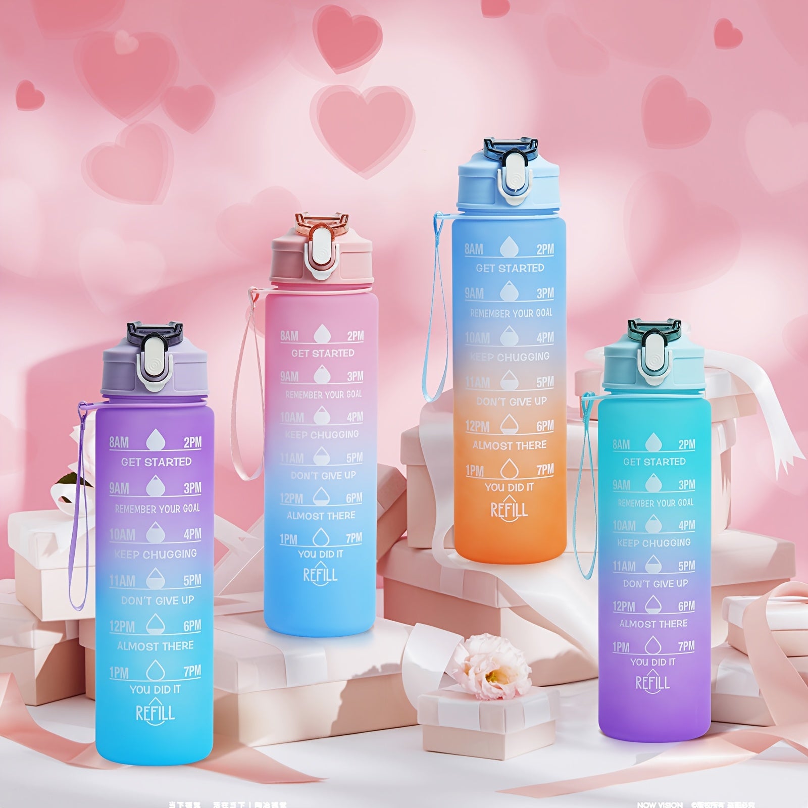 Botellas de agua de plástico con marca de tiempo y pajita, libres de BPA, ligeras, 16oz