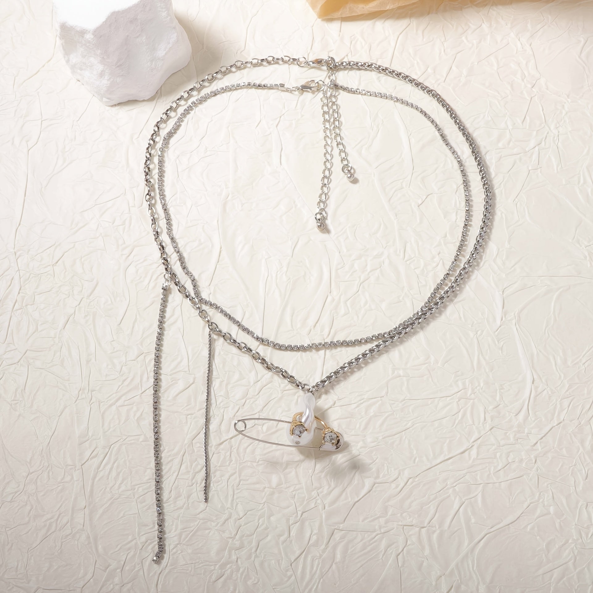 Asymmetrical Chain Pendant Necklace with Zirconia and Faux Pearl Accents