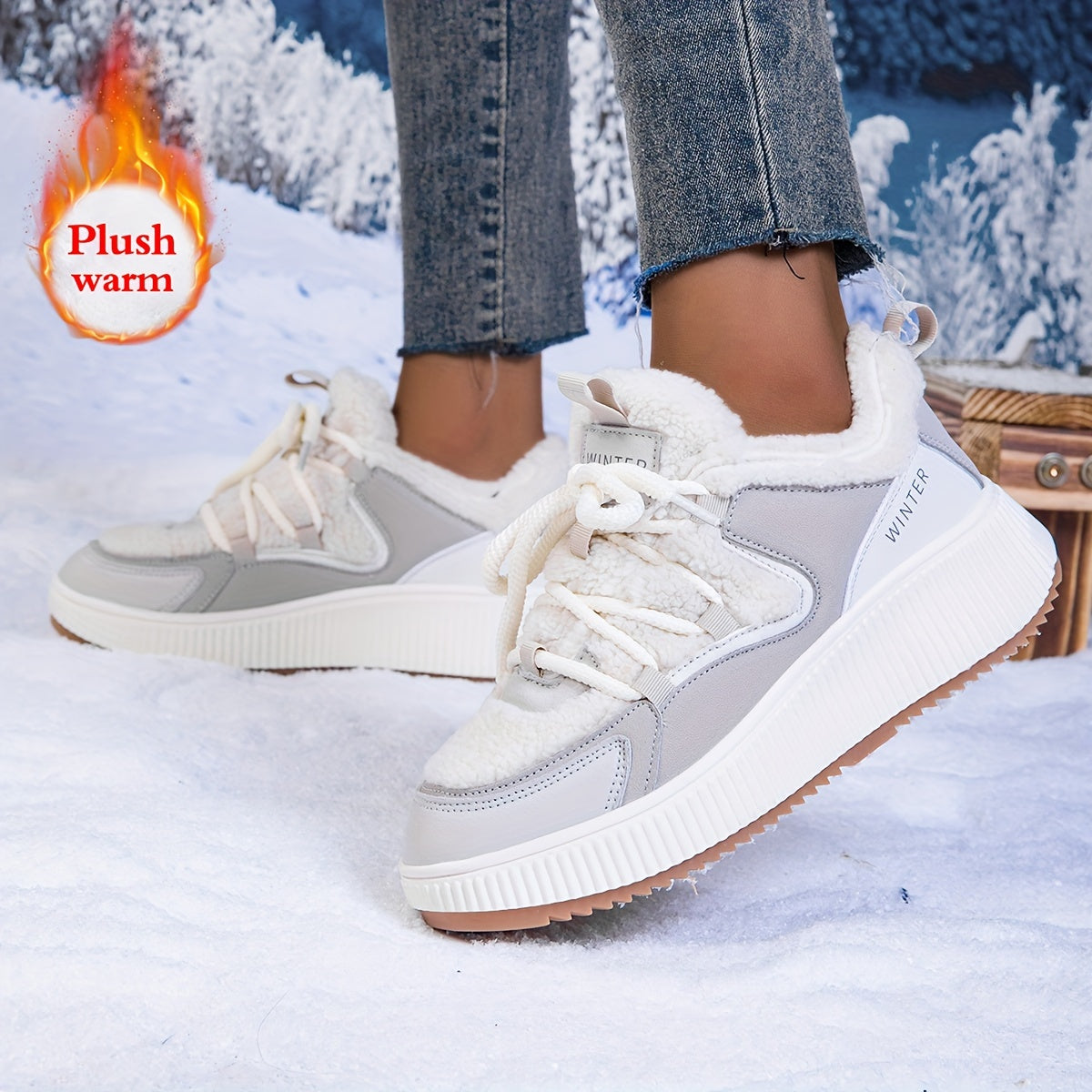 Women's Winter Sports Shoes Fleece-Lined Thick-Soled Sneakers