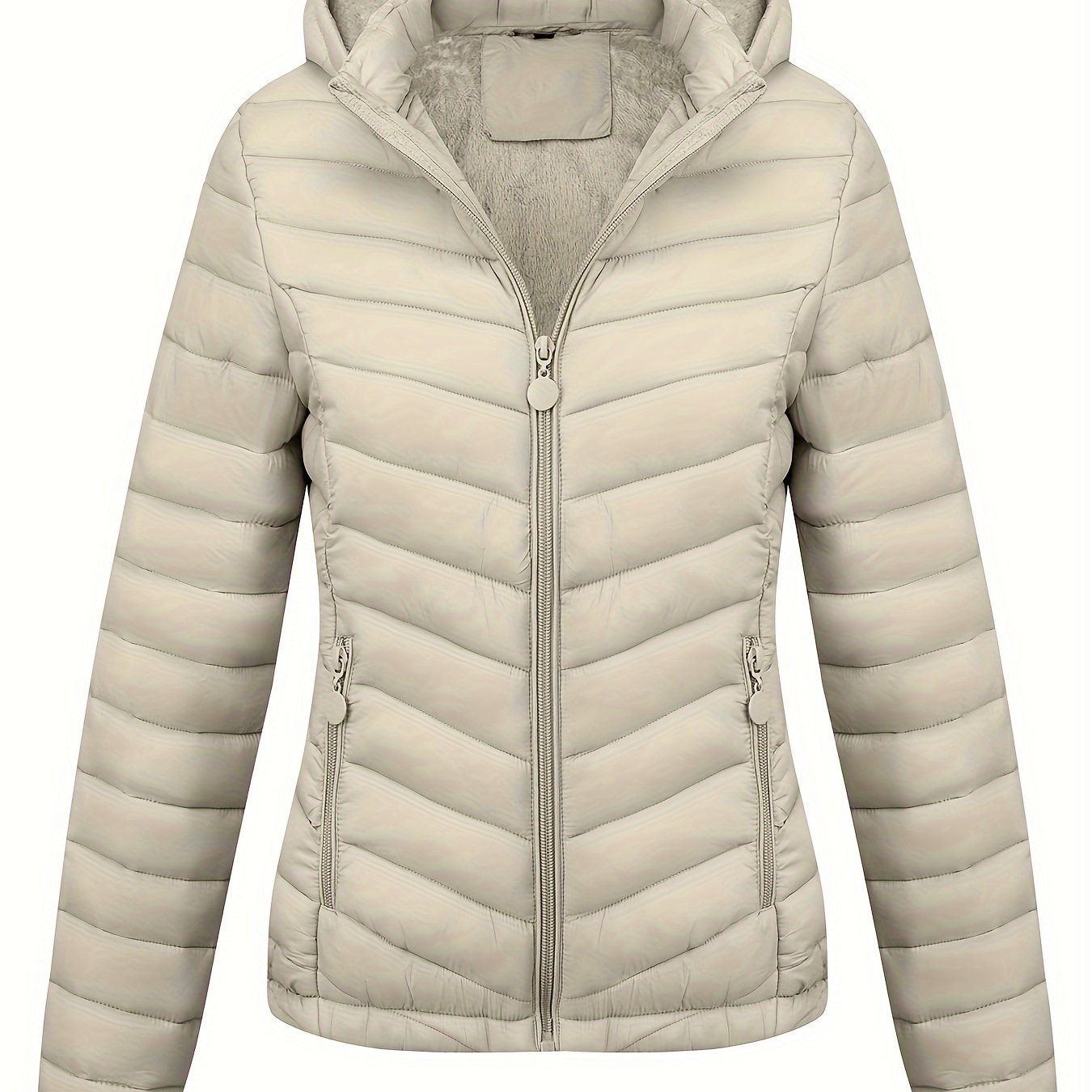 Abrigo acolchado con cremallera para mujer con bolsillos inclinados, manga larga, otoño e invierno, impermeable, no elástico