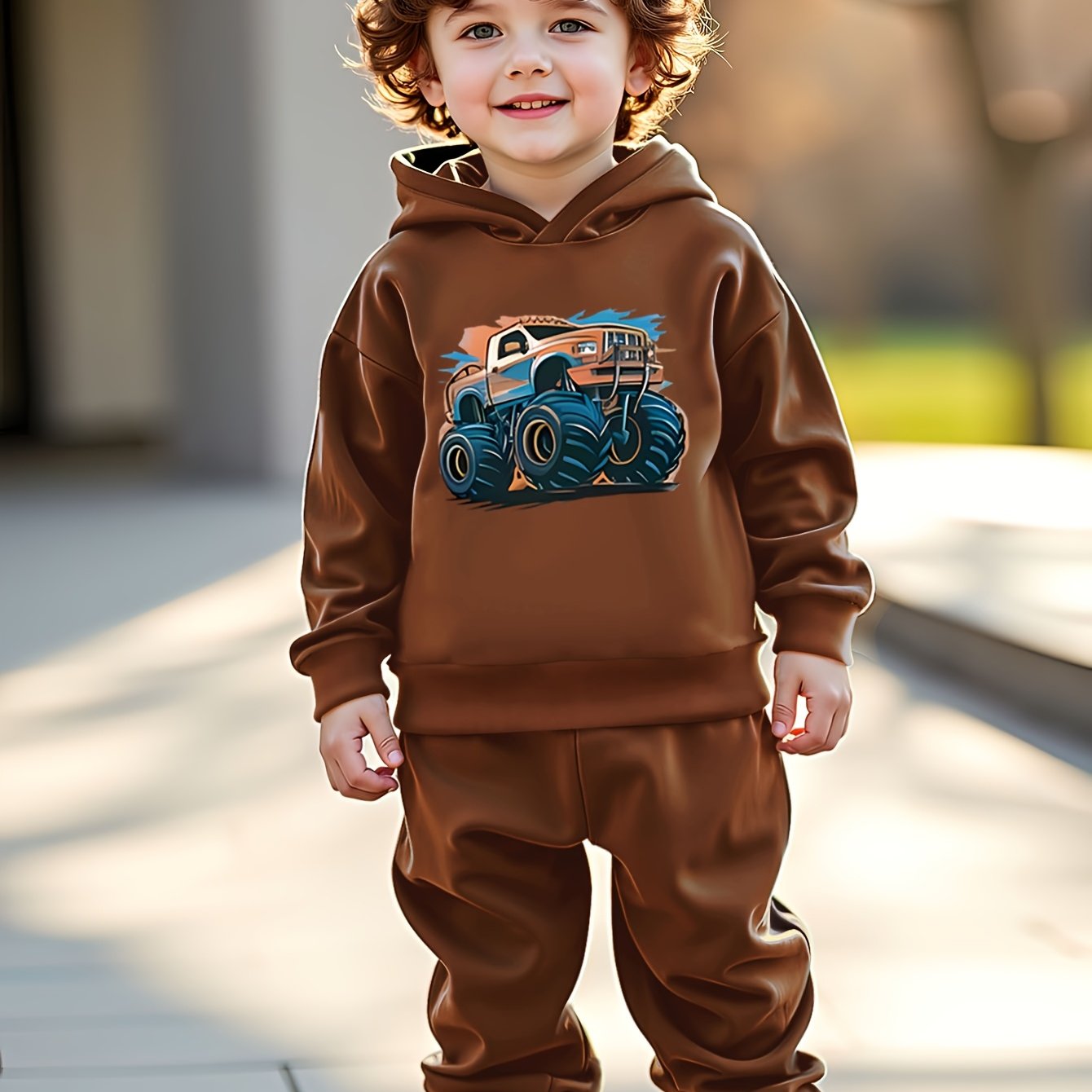 Boys' Fleece-Lined Hoodie and Jogger Set with Vibrant Truck Print for Fall Winter Outdoor Activities