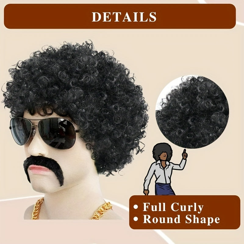 Short Black Fluffy Disco Afro Wig for Cosplay, Costume Parties, Men Women