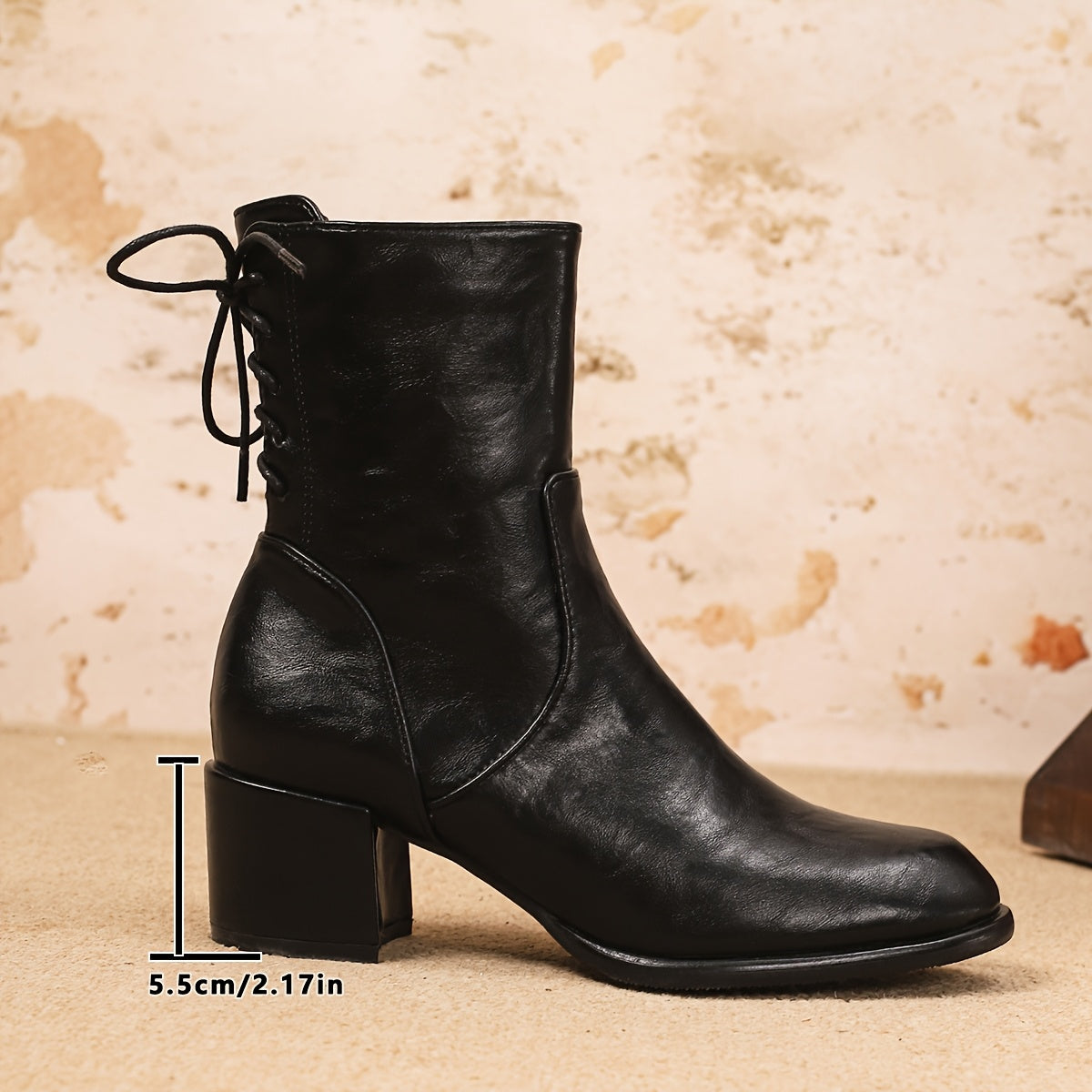 Women’s Synthetic Chunky Heel Ankle Boots with Zipper and Lace-Up Back