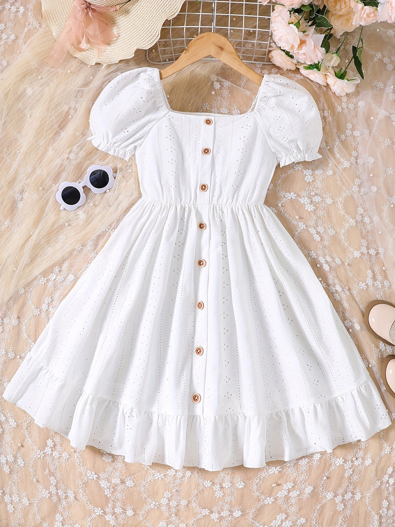 Girls Summer Dress with Eyelet Jacquard Puff Sleeves Ruffle Hem White Knit Fabric