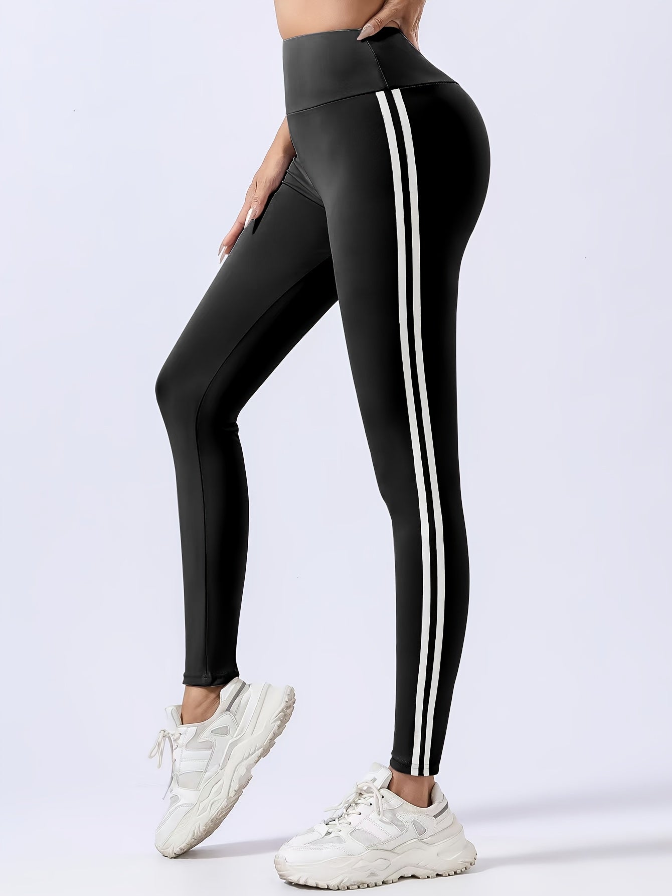Women's Black High-Waist Leggings with White Side Stripes Tummy Control Butt Lift Breathable Fabric