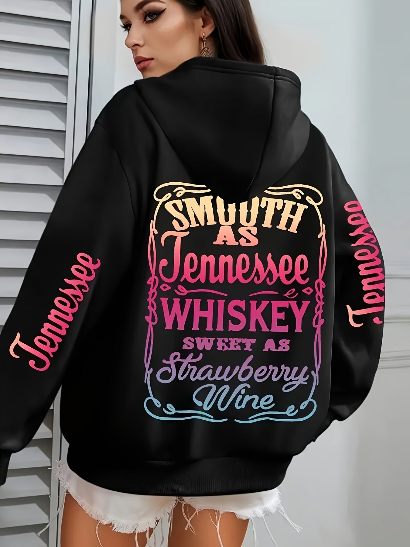 Plus Size Women's Oversized Hoodie with Graphic Text, Pockets, Drawstring