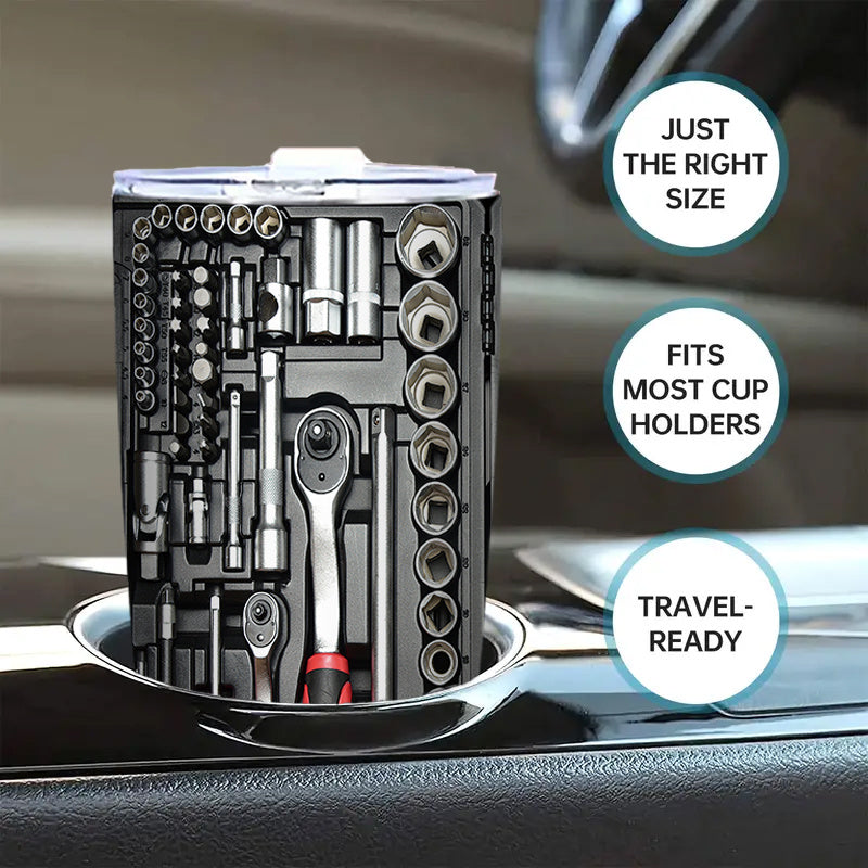 20oz zanglamaydigan po'latdan tayyorlangan sayohat mug'i, Toolbox bosimi bilan, ikki qavatli vakuum izolyatsiya