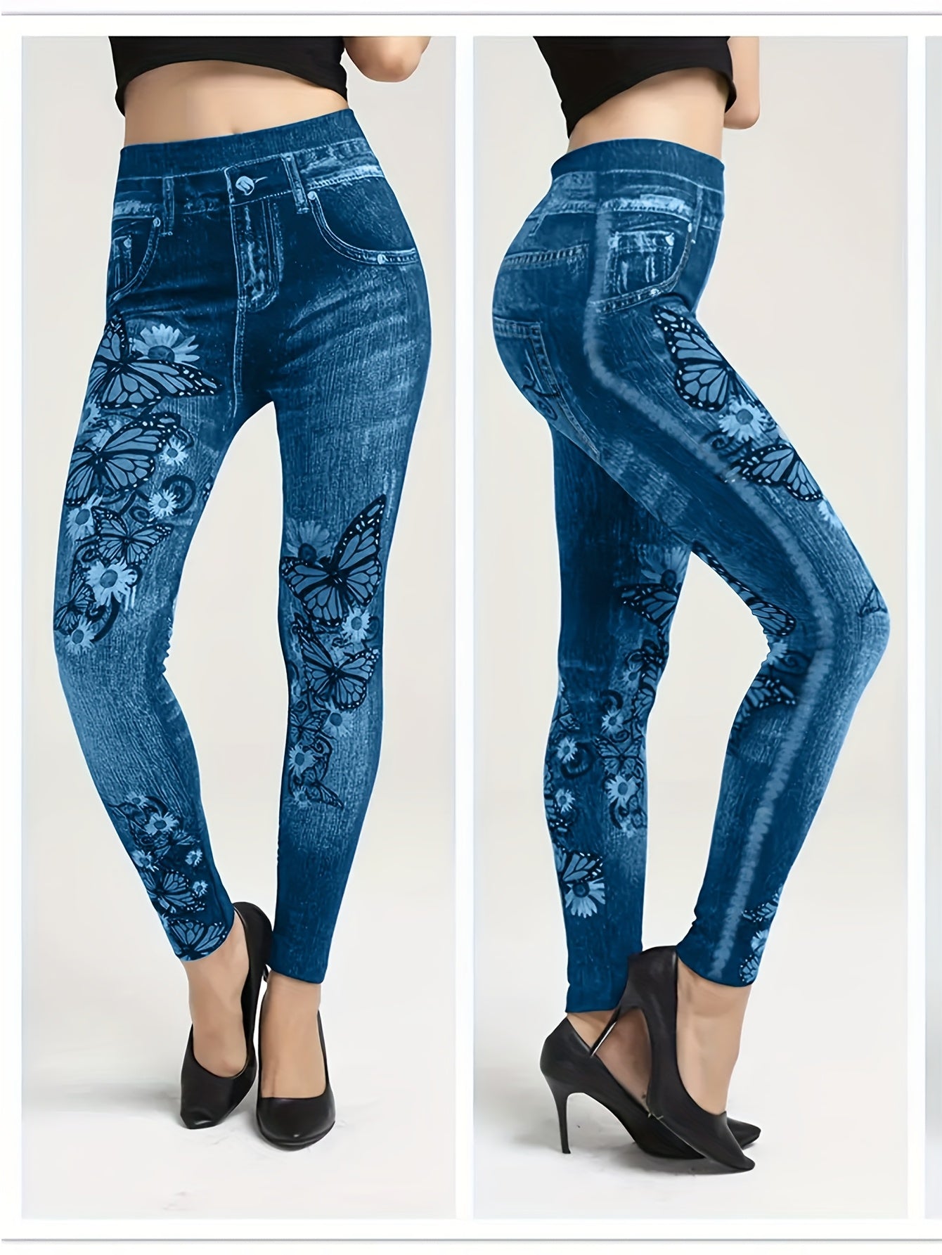 Women's Plus Size Faux Denim Leggings with Floral Print Casual Stretch
