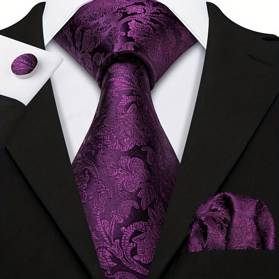 Men's Floral Woven Tie Set with Cufflinks and Handkerchief for Wedding or Formal Events