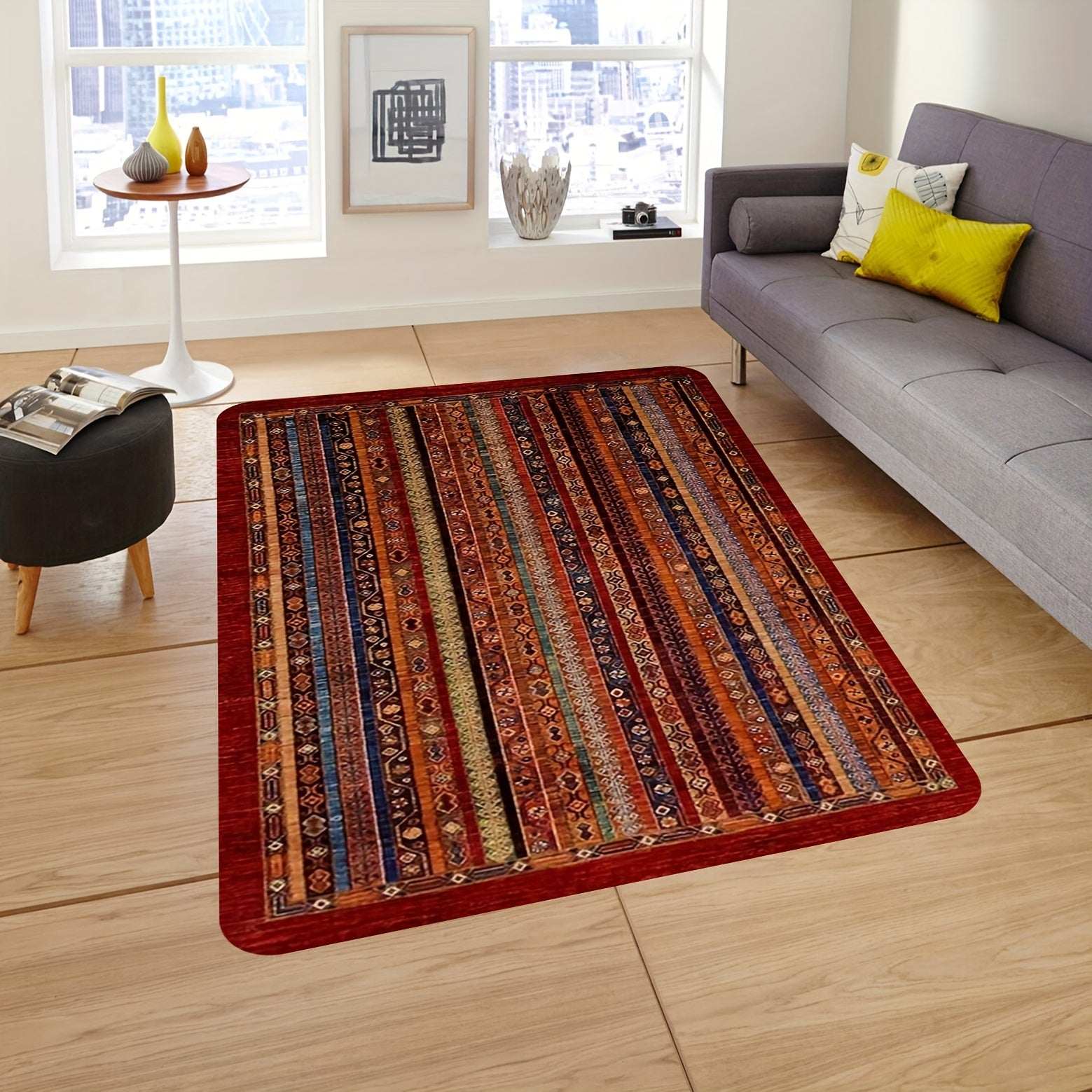 Vintage Red Stripe Area Rug with Anti-Slip and Washable Polyester Floor Mat