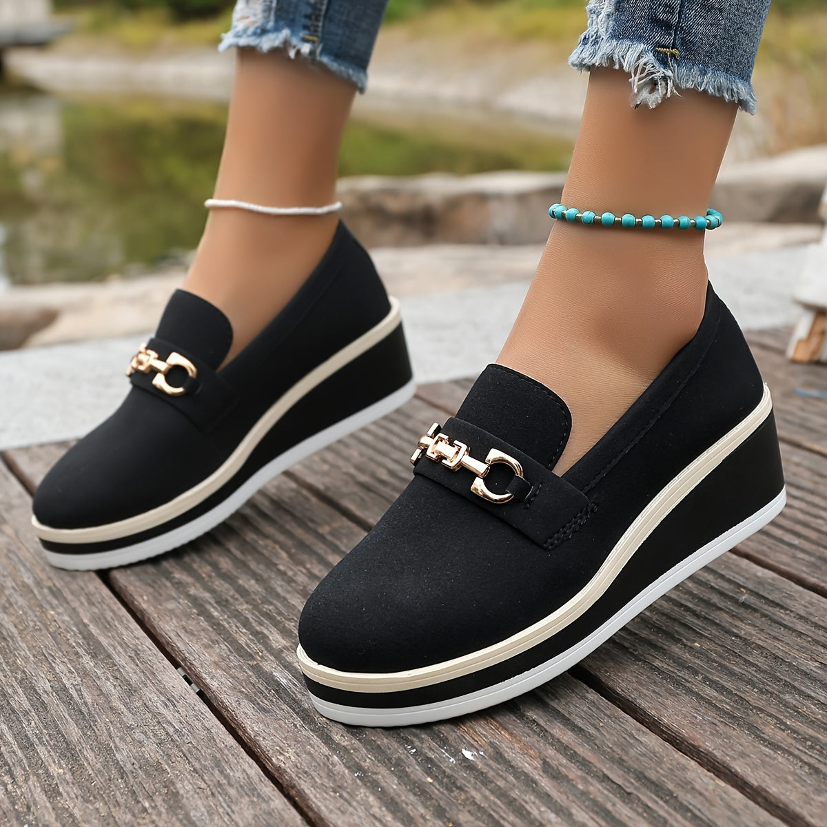 Women’s Mid-Top Platform Sneakers Casual Slip-On Flat Shoes Beige