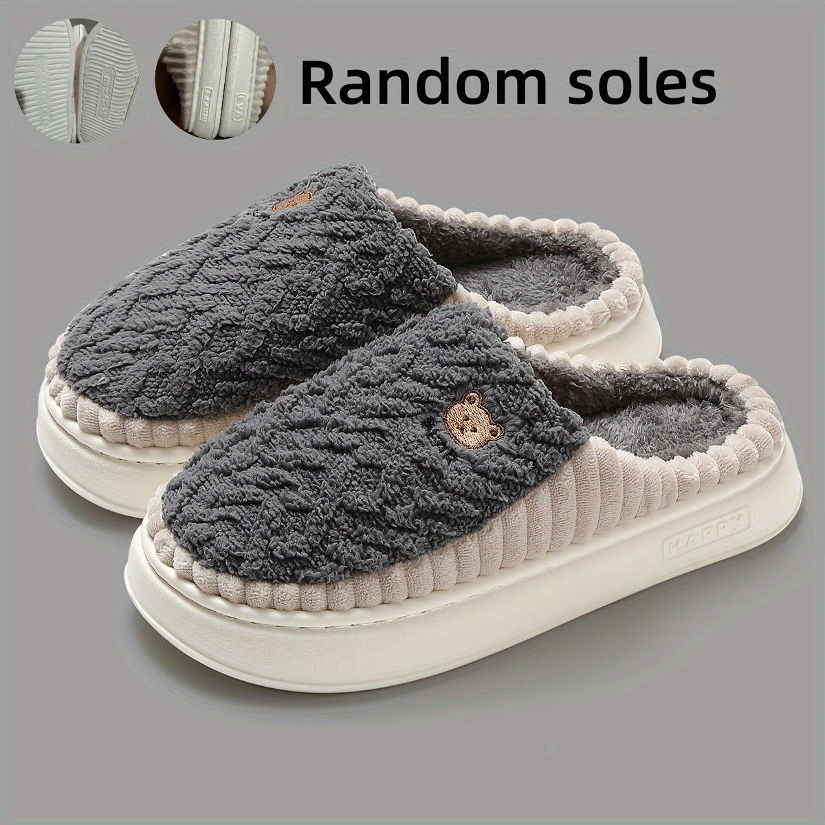 Unisex Plush Slippers Warm Indoor Winter Shoes Thick Sole Soft Lining
