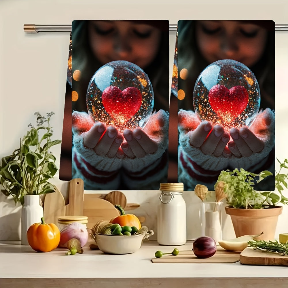 Set of 2 Ultra-Soft Kitchen Towels with Girl and Heart Snow Globe Design