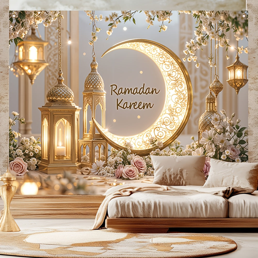 1 dona Elegant Ramazon Mural Banner, Polyester, Oltin Yarim Oy va Chiroq Dizayni bilan, Xonani va Partiyani bezash uchun mustahkam devor dekoratsiyasi, Yangi yil va Eid Al-Fitr uchun bayramona uy bezaklari