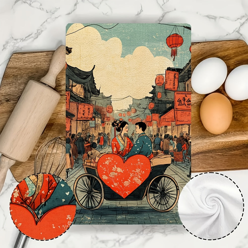 Luxuriously Soft Kitchen Towels with Traditional Chinese Couple Illustration, Highly Absorbent