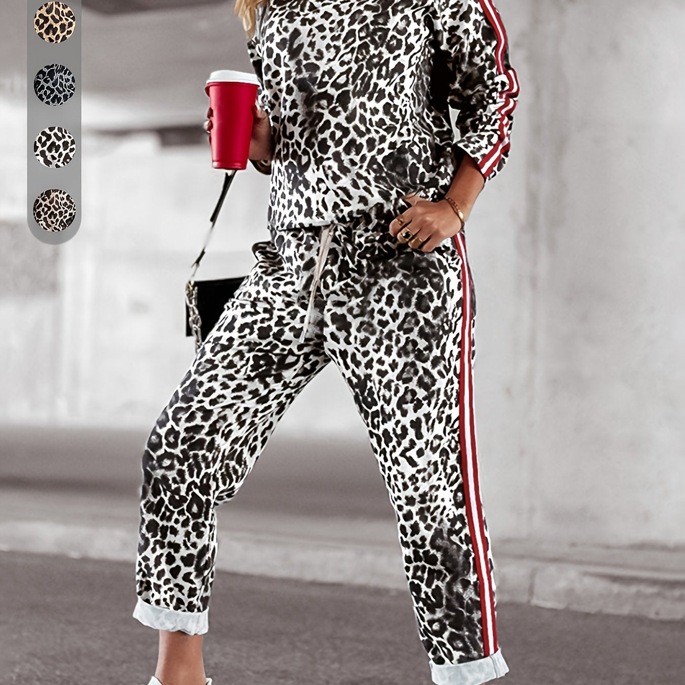 Women's Long Sleeve Leopard Print Two-Piece Set with Pockets for Spring and Fall