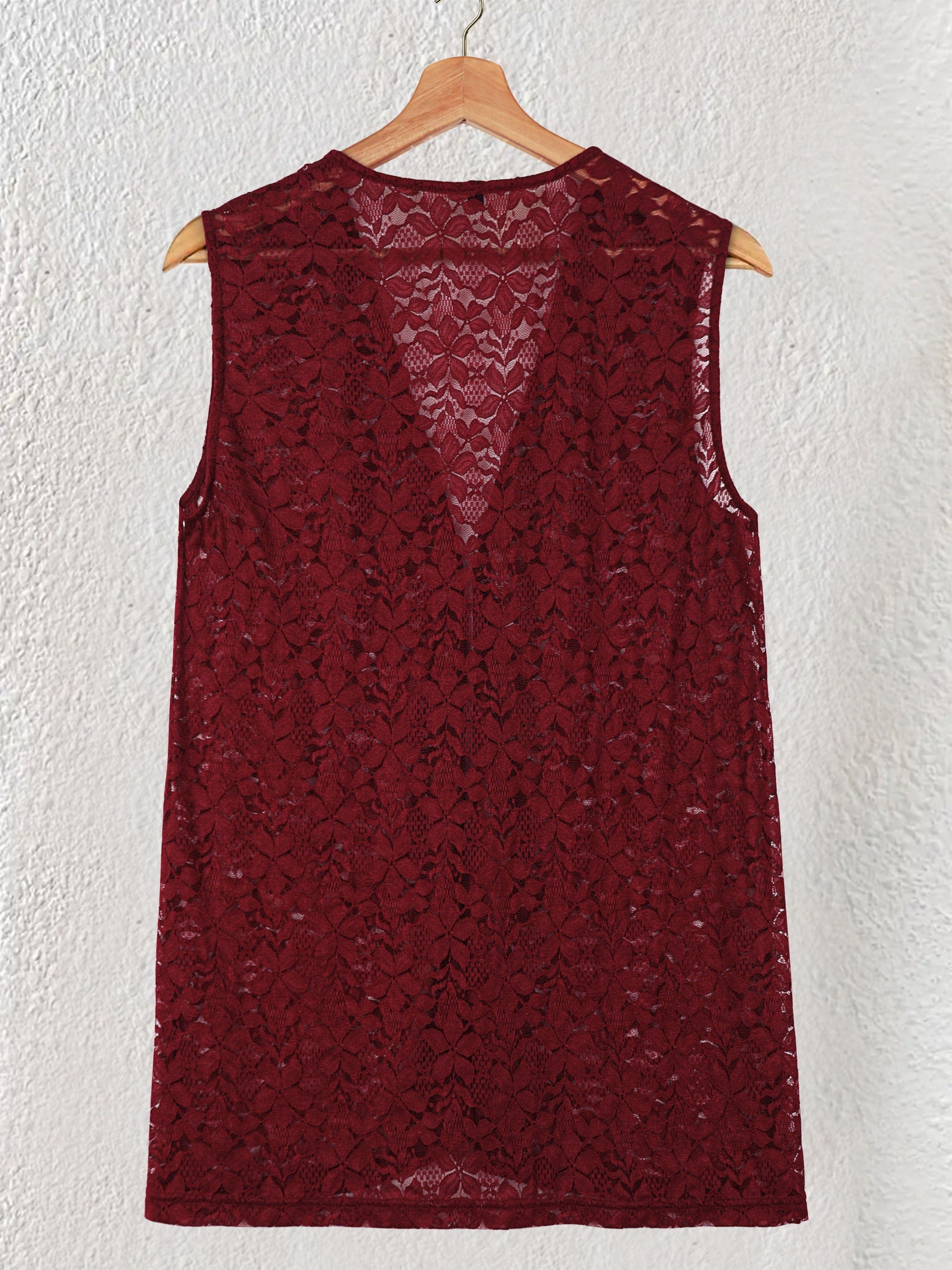 Plus Size Women's Sleeveless Cardigan Sheer Lace Burgundy Floral Open Front