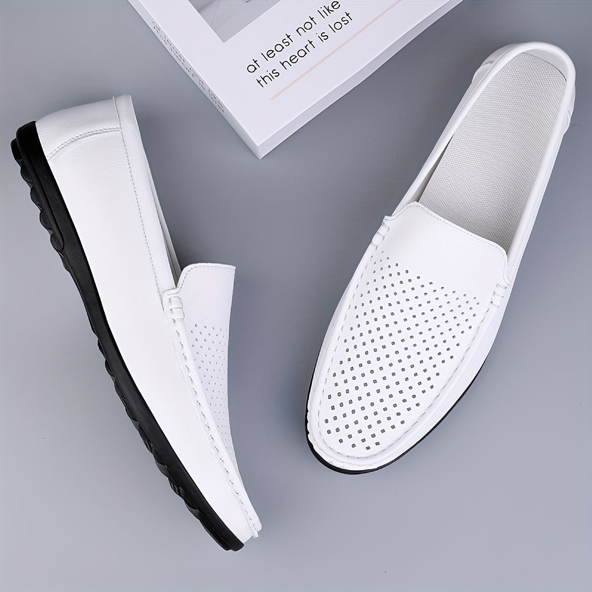 Men's White Leather Slip-On Loafers Spring Summer Breathable Perforated Comfort