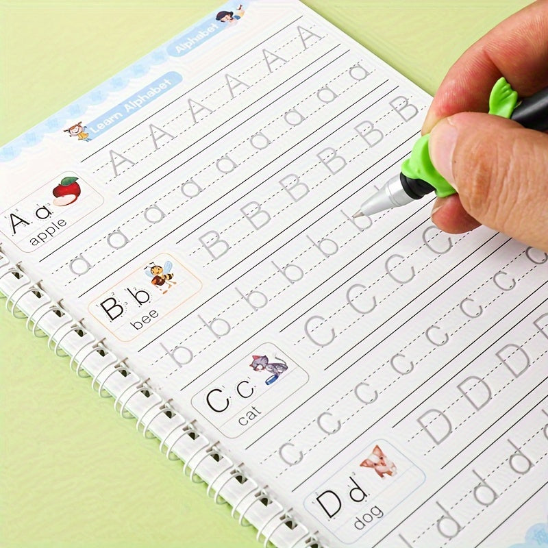 Conjunto de libros de práctica de caligrafía en inglés para niños de 3 años en adelante con pluma de acero, pluma dura y ranuras digitales