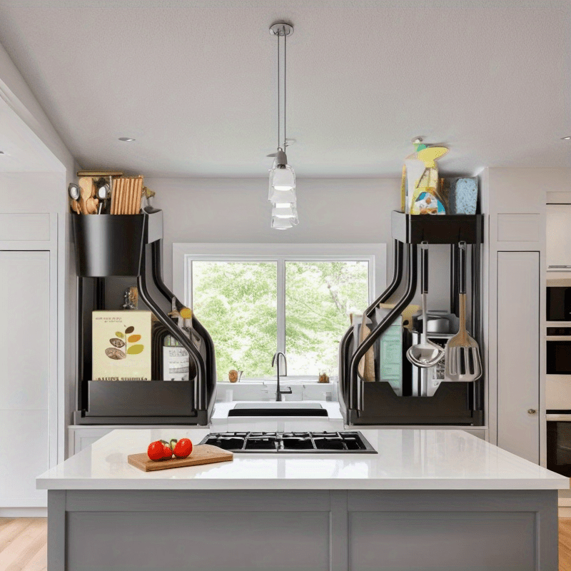 Kichik oshxonalarda moslashuvchan rack va idish-tovoq qutisi bilan stol usti va pol sinki tashkilotchisi